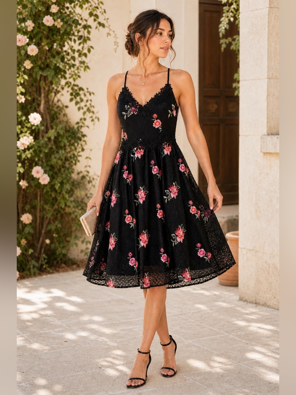 Floral Lace Embroidered Wedding Guest Dress 6 Black